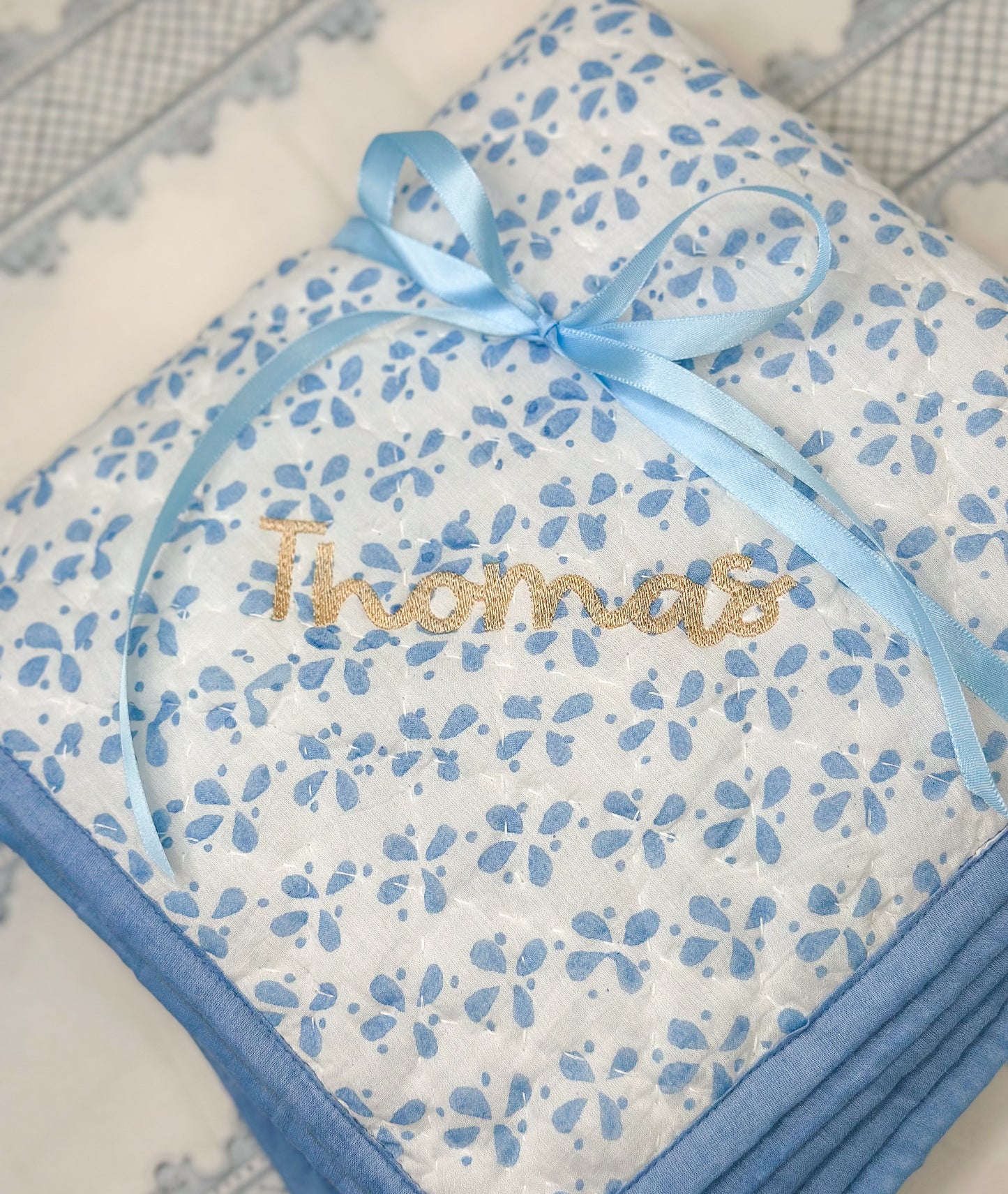 Reversible Baby Blanket in Petals/Stripe Blue
