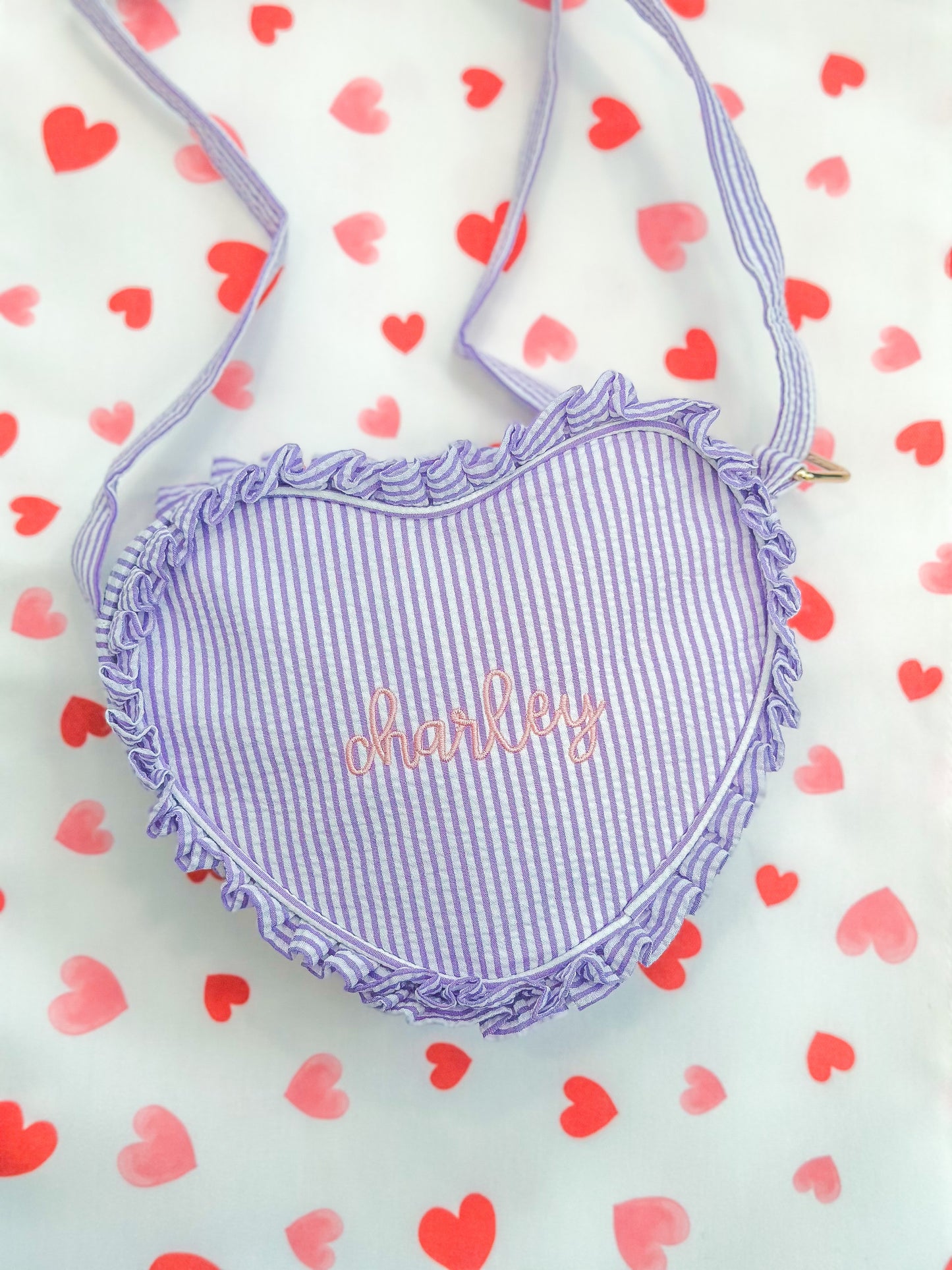 Purple Seersucker Heart Purse