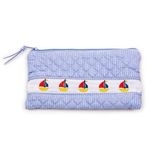 Smocked Blue Sailboat Accessory Pouch