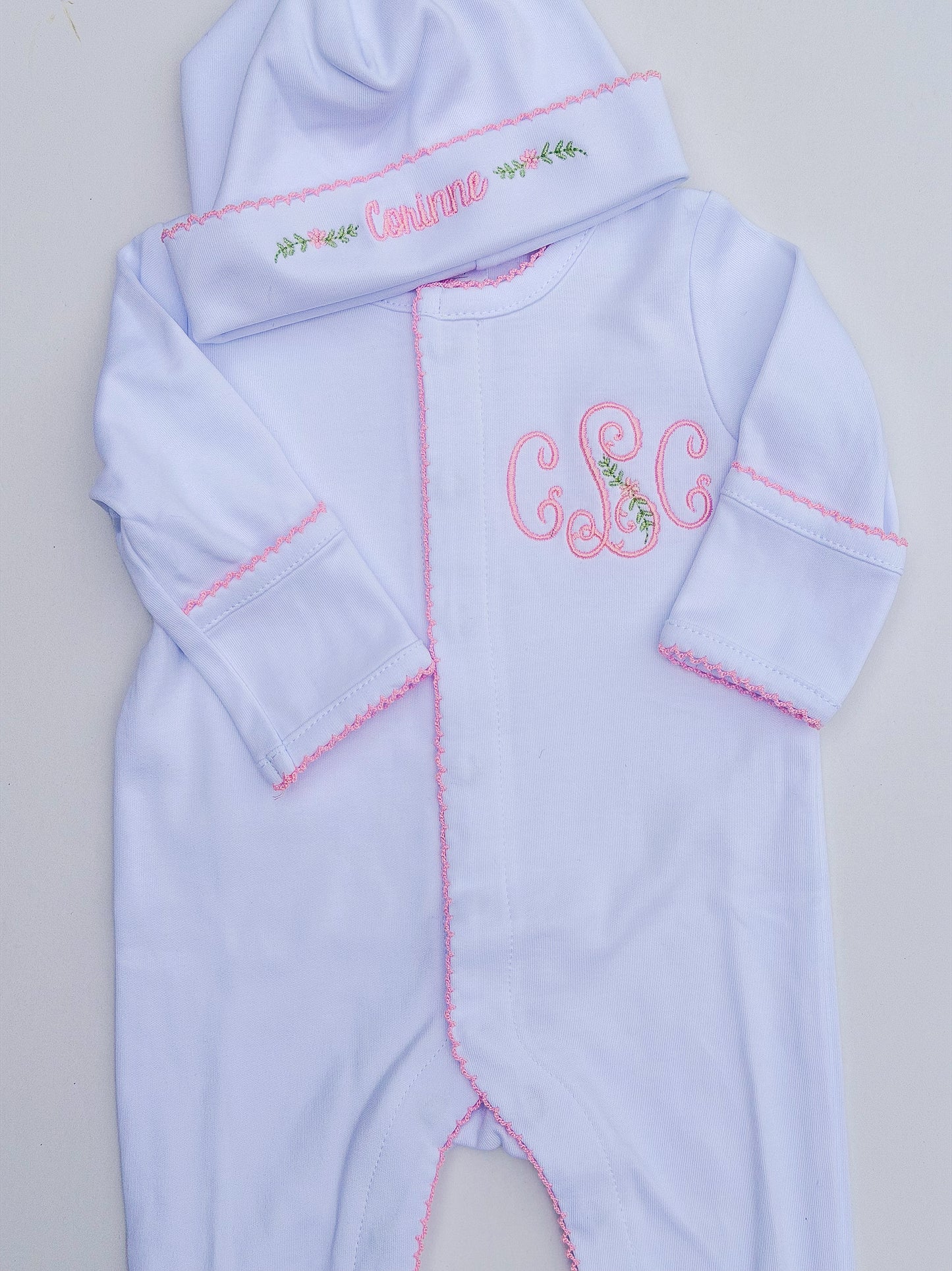 Picot Trim Footie and Hat Set (Trim - white, blue, pink)