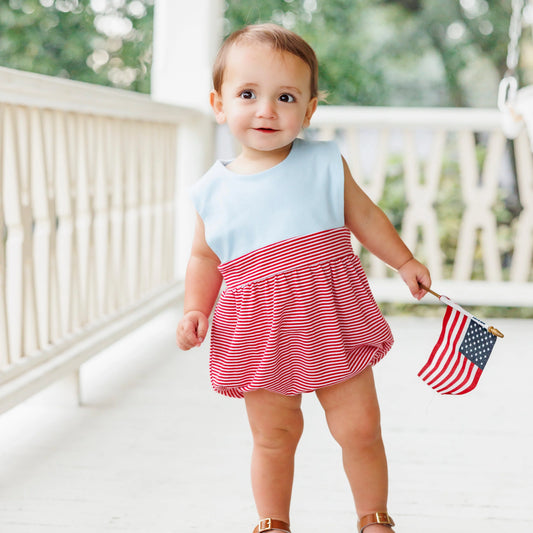 Back to School Gender Neutral Red and Blue Knit Striped Bubble