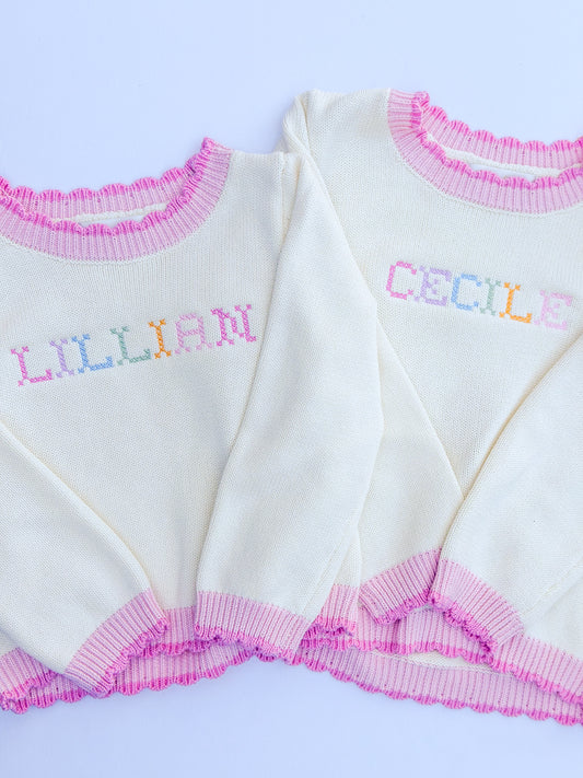 Scalloped Cream/Pink Lined Sweater - Sept TAT