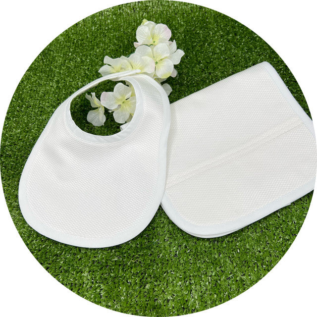 White Bib and Burp Cloth Set with Plain Trim